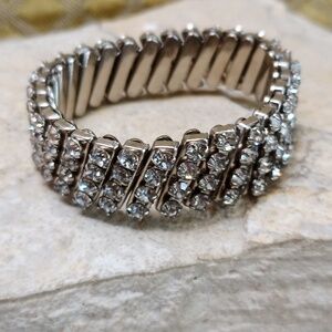 Vintage Silver tone Stretch Bracelet Rhinestone